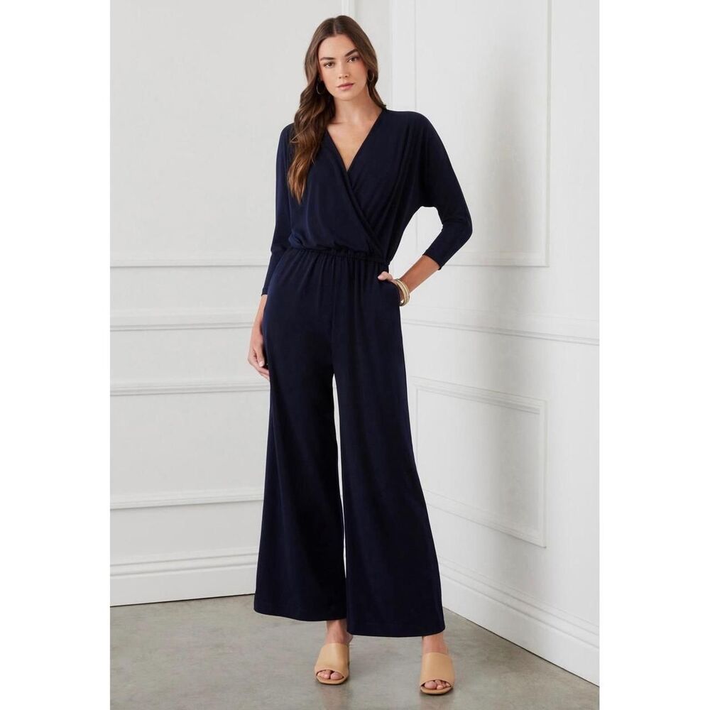 Karen Kane Crossover Neck Travel Jersey Wide Leg Jumpsuit in Navy Size L